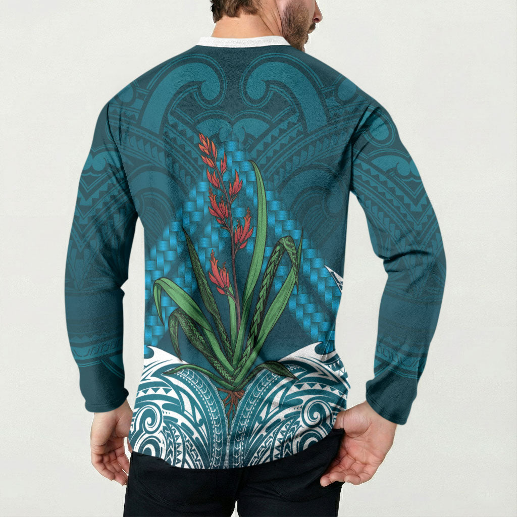 Rongoa Maori New Zealand Harakeke Button Sweatshirt NZ Weaving Pattern Dark Teal