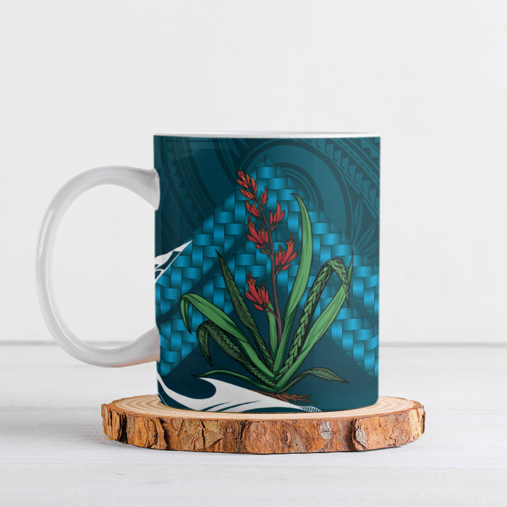 Rongoa Maori New Zealand Harakeke Ceramic Mug NZ Weaving Pattern Dark Teal