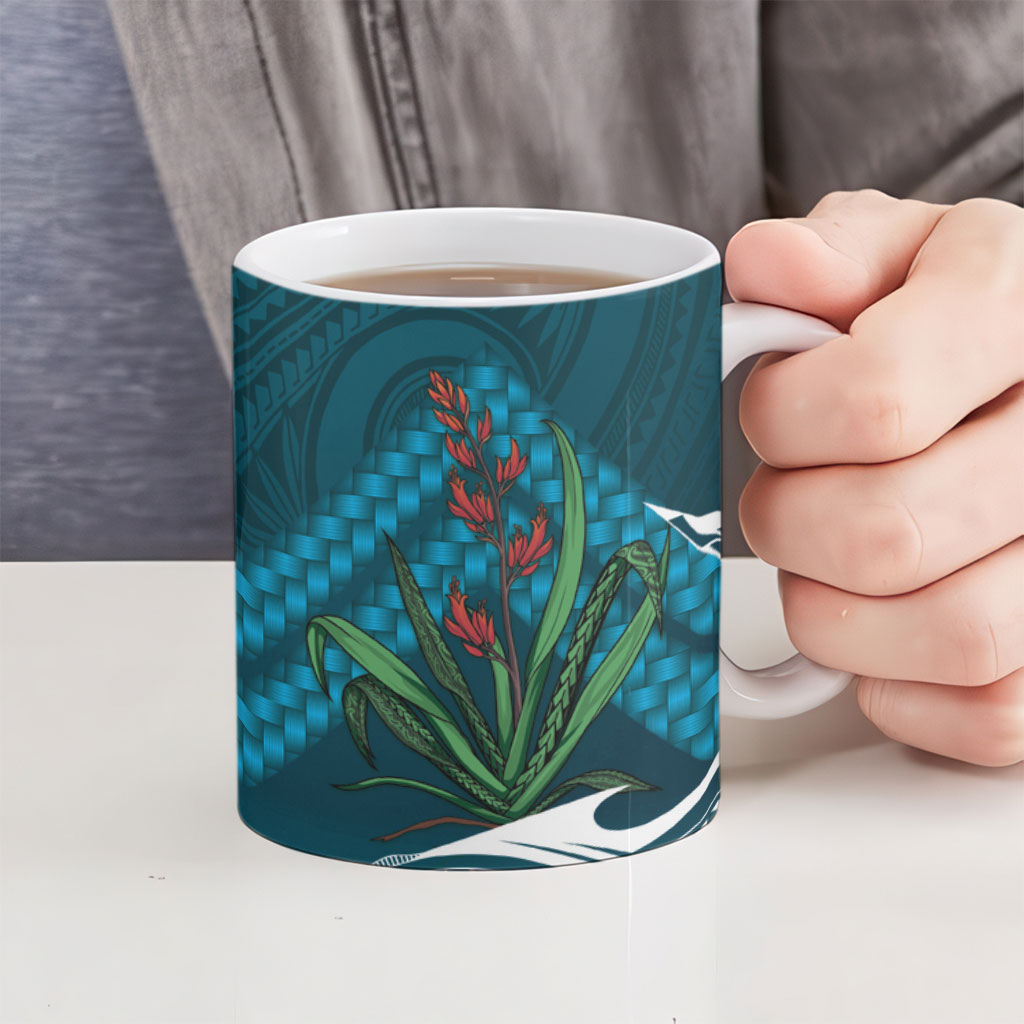 Rongoa Maori New Zealand Harakeke Ceramic Mug NZ Weaving Pattern Dark Teal