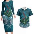 Rongoa Maori New Zealand Harakeke Couples Matching Long Sleeve Bodycon Dress and Hawaiian Shirt NZ Weaving Pattern Dark Teal