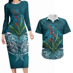 Rongoa Maori New Zealand Harakeke Couples Matching Long Sleeve Bodycon Dress and Hawaiian Shirt NZ Weaving Pattern Dark Teal