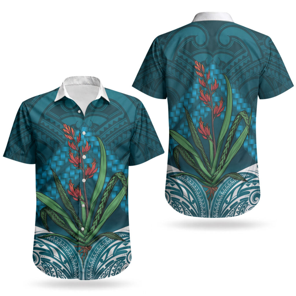 Rongoa Maori New Zealand Harakeke Couples Matching Long Sleeve Bodycon Dress and Hawaiian Shirt NZ Weaving Pattern Dark Teal