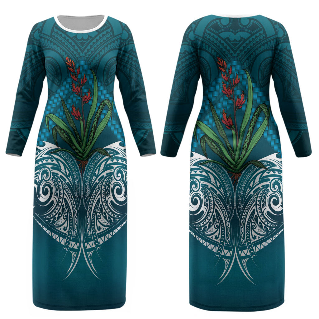 Rongoa Maori New Zealand Harakeke Couples Matching Long Sleeve Bodycon Dress and Hawaiian Shirt NZ Weaving Pattern Dark Teal