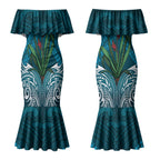 Rongoa Maori New Zealand Harakeke Couples Matching Mermaid Dress and Hawaiian Shirt NZ Weaving Pattern Dark Teal