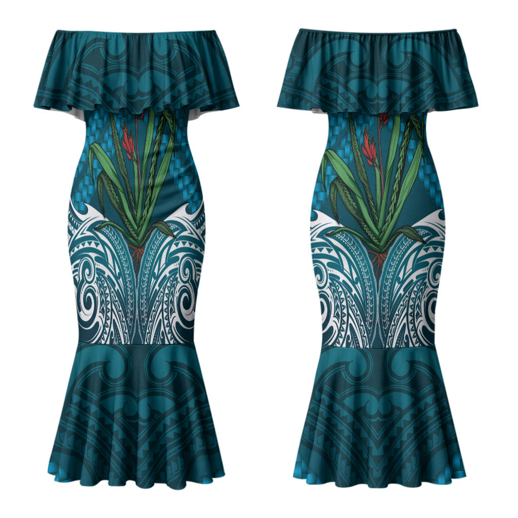 Rongoa Maori New Zealand Harakeke Couples Matching Mermaid Dress and Hawaiian Shirt NZ Weaving Pattern Dark Teal