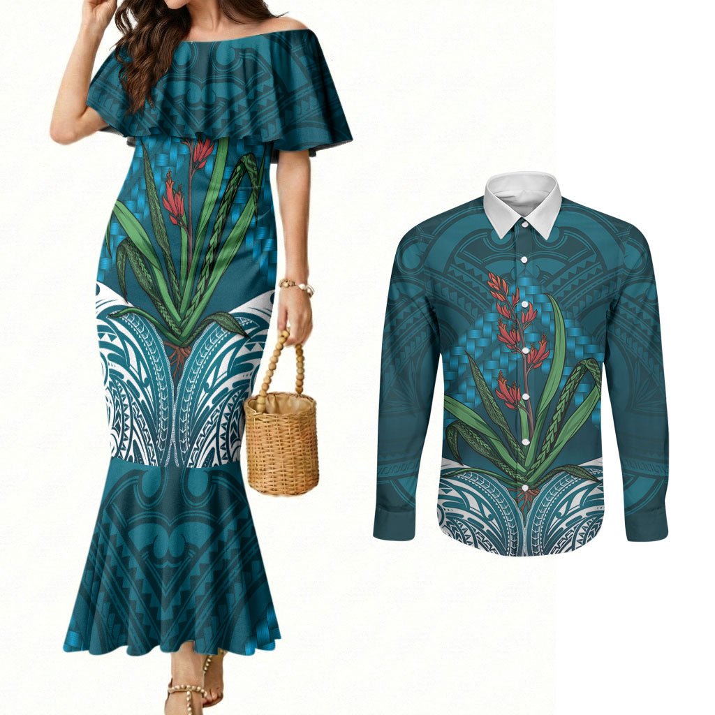 Rongoa Maori New Zealand Harakeke Couples Matching Mermaid Dress and Long Sleeve Button Shirt NZ Weaving Pattern Dark Teal