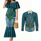 Rongoa Maori New Zealand Harakeke Couples Matching Mermaid Dress and Long Sleeve Button Shirt NZ Weaving Pattern Dark Teal