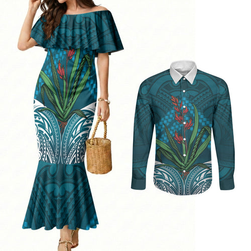 Rongoa Maori New Zealand Harakeke Couples Matching Mermaid Dress and Long Sleeve Button Shirt NZ Weaving Pattern Dark Teal