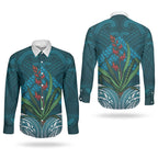 Rongoa Maori New Zealand Harakeke Couples Matching Mermaid Dress and Long Sleeve Button Shirt NZ Weaving Pattern Dark Teal