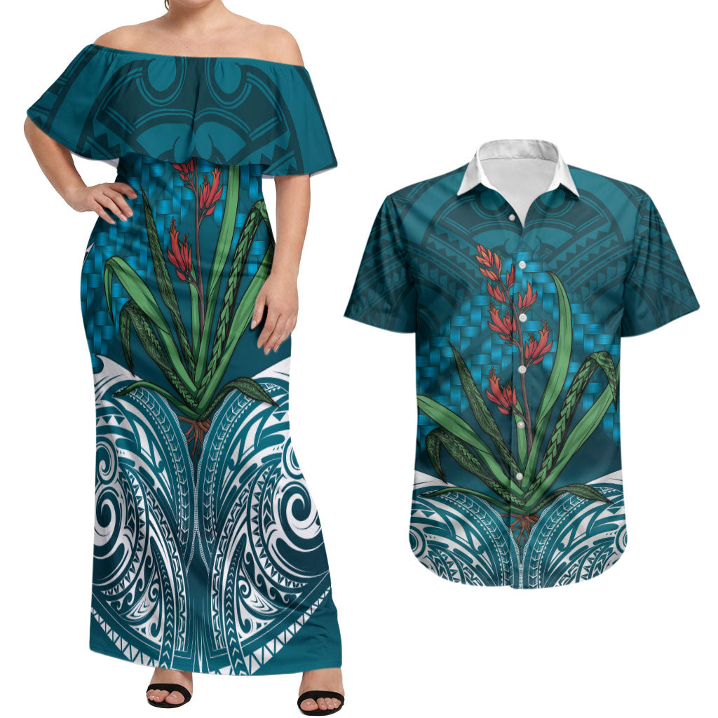 Rongoa Maori New Zealand Harakeke Couples Matching Off Shoulder Maxi Dress and Hawaiian Shirt NZ Weaving Pattern Dark Teal