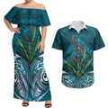 Rongoa Maori New Zealand Harakeke Couples Matching Off Shoulder Maxi Dress and Hawaiian Shirt NZ Weaving Pattern Dark Teal