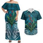 Rongoa Maori New Zealand Harakeke Couples Matching Off Shoulder Maxi Dress and Hawaiian Shirt NZ Weaving Pattern Dark Teal