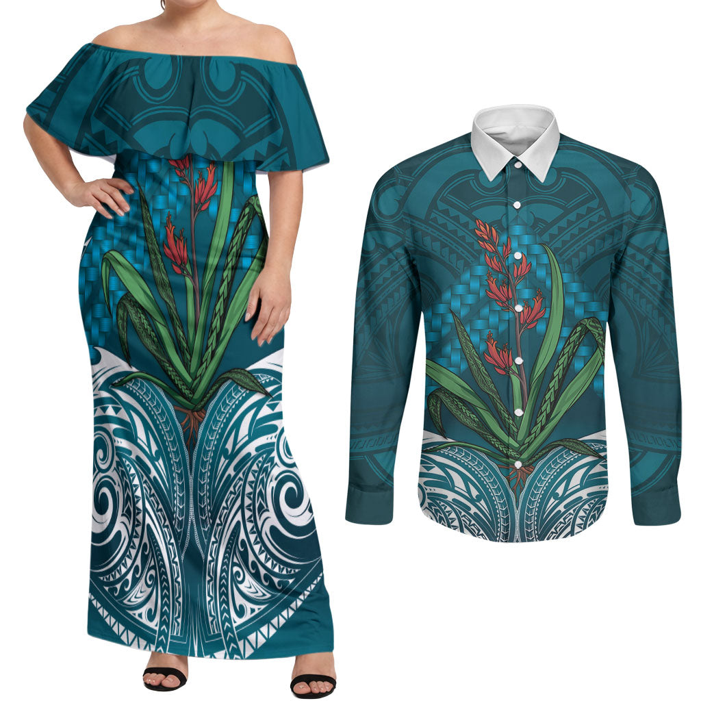 Rongoa Maori New Zealand Harakeke Couples Matching Off Shoulder Maxi Dress and Long Sleeve Button Shirt NZ Weaving Pattern Dark Teal