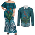 Rongoa Maori New Zealand Harakeke Couples Matching Off Shoulder Maxi Dress and Long Sleeve Button Shirt NZ Weaving Pattern Dark Teal