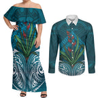 Rongoa Maori New Zealand Harakeke Couples Matching Off Shoulder Maxi Dress and Long Sleeve Button Shirt NZ Weaving Pattern Dark Teal