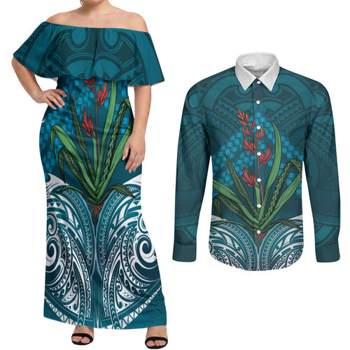 Rongoa Maori New Zealand Harakeke Couples Matching Off Shoulder Maxi Dress and Long Sleeve Button Shirt NZ Weaving Pattern Dark Teal