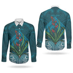 Rongoa Maori New Zealand Harakeke Couples Matching Off Shoulder Maxi Dress and Long Sleeve Button Shirt NZ Weaving Pattern Dark Teal