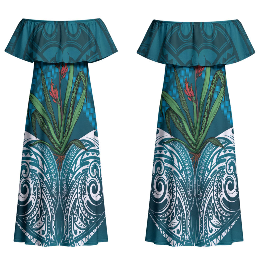 Rongoa Maori New Zealand Harakeke Couples Matching Off Shoulder Maxi Dress and Long Sleeve Button Shirt NZ Weaving Pattern Dark Teal