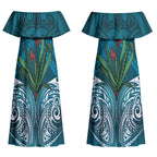 Rongoa Maori New Zealand Harakeke Couples Matching Off Shoulder Maxi Dress and Long Sleeve Button Shirt NZ Weaving Pattern Dark Teal
