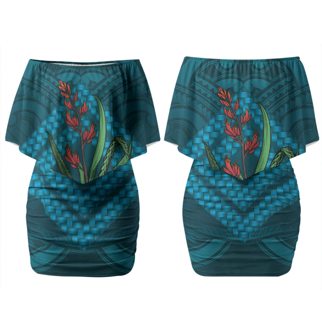 Rongoa Maori New Zealand Harakeke Couples Matching Off Shoulder Short Dress and Hawaiian Shirt NZ Weaving Pattern Dark Teal