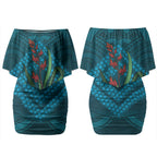 Rongoa Maori New Zealand Harakeke Couples Matching Off Shoulder Short Dress and Hawaiian Shirt NZ Weaving Pattern Dark Teal