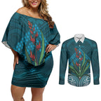Rongoa Maori New Zealand Harakeke Couples Matching Off Shoulder Short Dress and Long Sleeve Button Shirt NZ Weaving Pattern Dark Teal