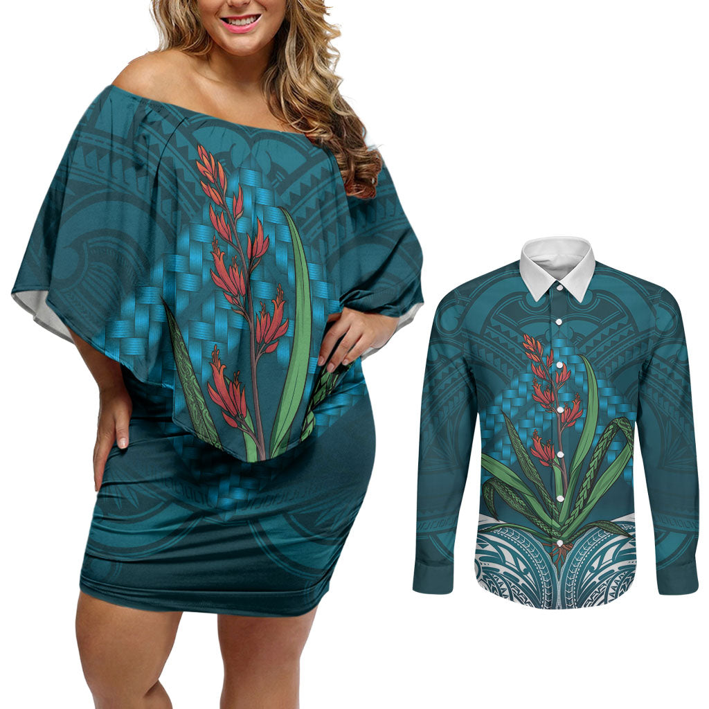 Rongoa Maori New Zealand Harakeke Couples Matching Off Shoulder Short Dress and Long Sleeve Button Shirt NZ Weaving Pattern Dark Teal