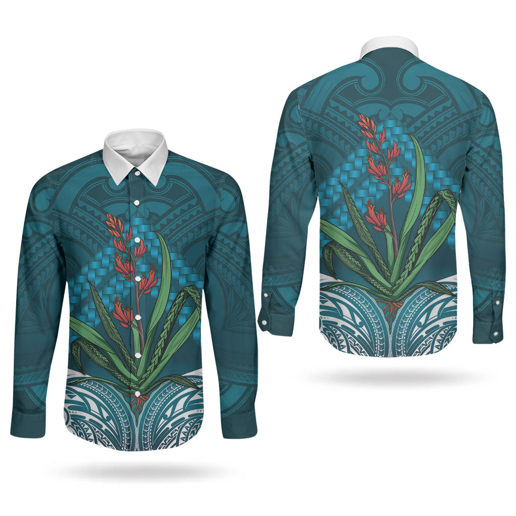 Rongoa Maori New Zealand Harakeke Couples Matching Off Shoulder Short Dress and Long Sleeve Button Shirt NZ Weaving Pattern Dark Teal