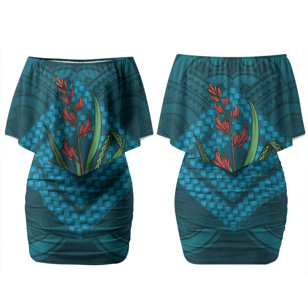 Rongoa Maori New Zealand Harakeke Couples Matching Off Shoulder Short Dress and Long Sleeve Button Shirt NZ Weaving Pattern Dark Teal
