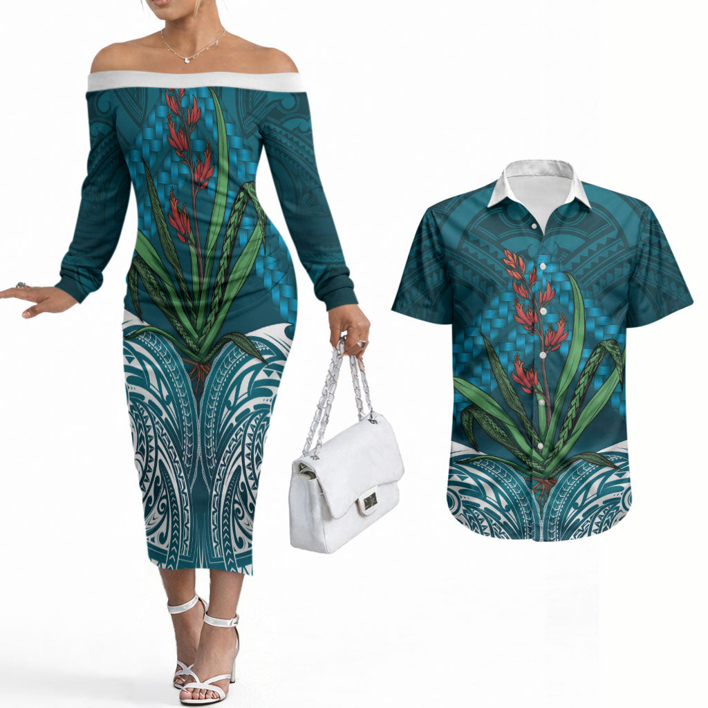 Rongoa Maori New Zealand Harakeke Couples Matching Off The Shoulder Long Sleeve Dress and Hawaiian Shirt NZ Weaving Pattern Dark Teal