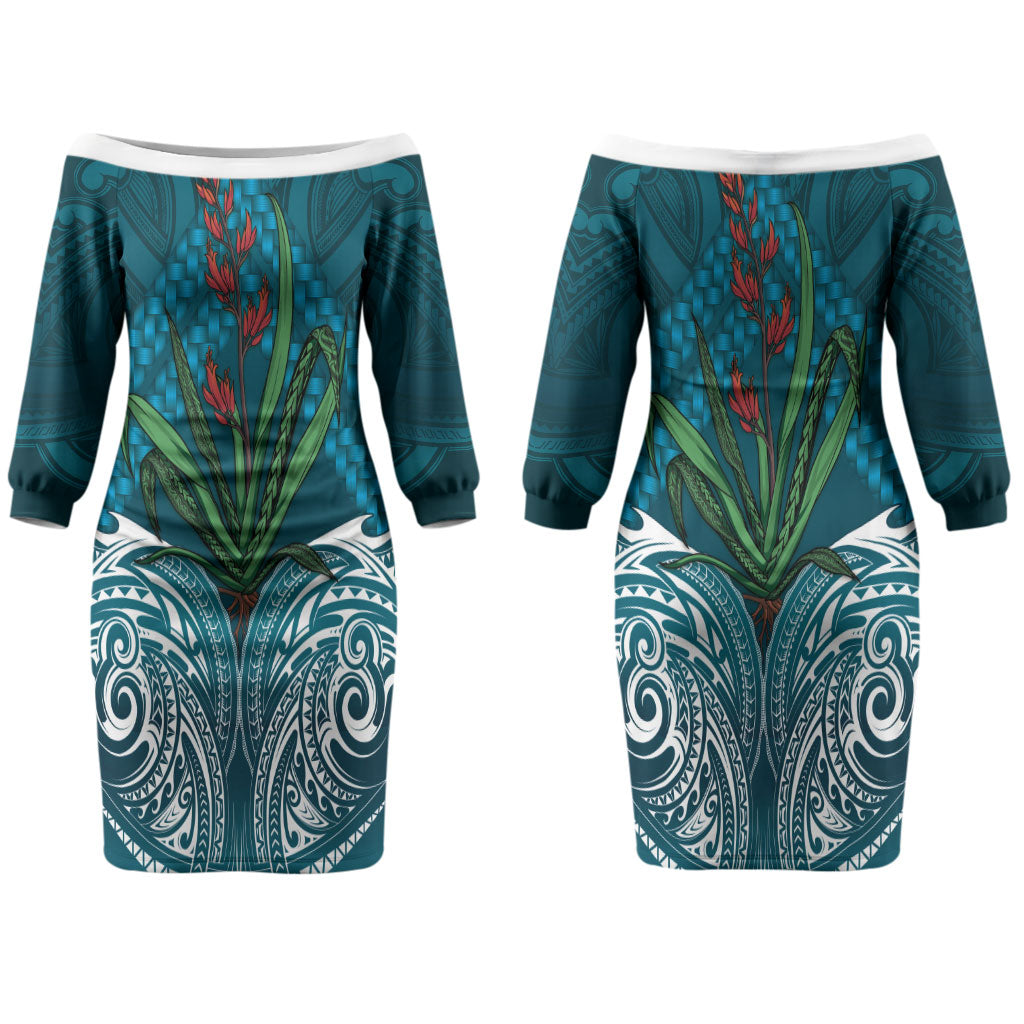 Rongoa Maori New Zealand Harakeke Couples Matching Off The Shoulder Long Sleeve Dress and Hawaiian Shirt NZ Weaving Pattern Dark Teal