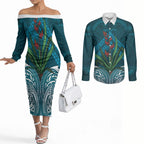 Rongoa Maori New Zealand Harakeke Couples Matching Off The Shoulder Long Sleeve Dress and Long Sleeve Button Shirt NZ Weaving Pattern Dark Teal