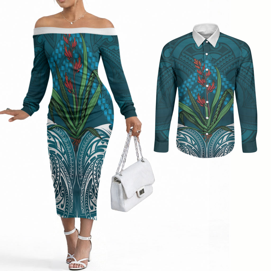 Rongoa Maori New Zealand Harakeke Couples Matching Off The Shoulder Long Sleeve Dress and Long Sleeve Button Shirt NZ Weaving Pattern Dark Teal