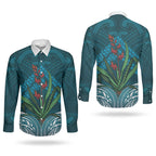 Rongoa Maori New Zealand Harakeke Couples Matching Off The Shoulder Long Sleeve Dress and Long Sleeve Button Shirt NZ Weaving Pattern Dark Teal