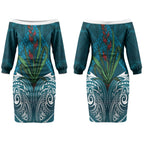 Rongoa Maori New Zealand Harakeke Couples Matching Off The Shoulder Long Sleeve Dress and Long Sleeve Button Shirt NZ Weaving Pattern Dark Teal