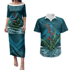 Rongoa Maori New Zealand Harakeke Couples Matching Puletasi and Hawaiian Shirt NZ Weaving Pattern Dark Teal