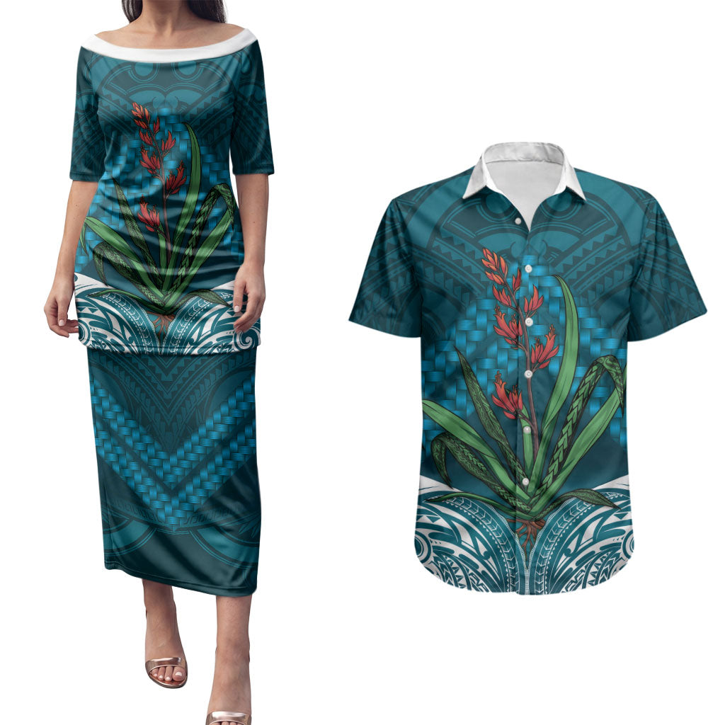 Rongoa Maori New Zealand Harakeke Couples Matching Puletasi and Hawaiian Shirt NZ Weaving Pattern Dark Teal