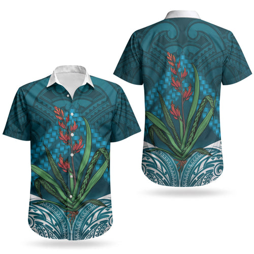 Rongoa Maori New Zealand Harakeke Couples Matching Puletasi and Hawaiian Shirt NZ Weaving Pattern Dark Teal