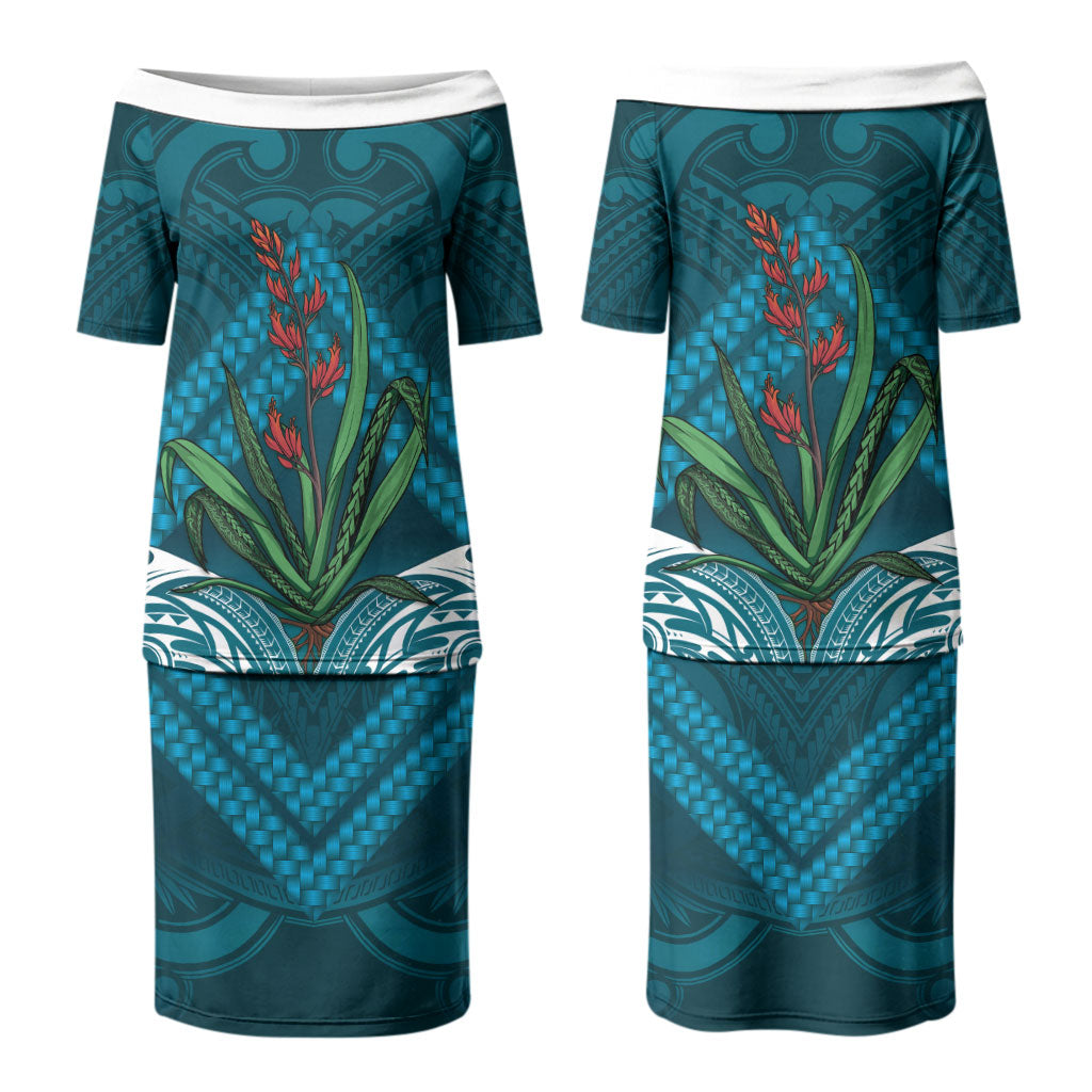 Rongoa Maori New Zealand Harakeke Couples Matching Puletasi and Hawaiian Shirt NZ Weaving Pattern Dark Teal