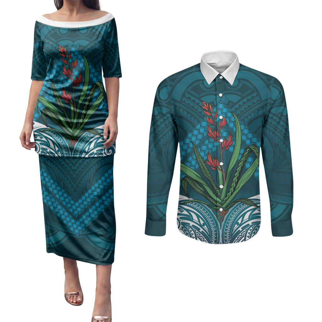 Rongoa Maori New Zealand Harakeke Couples Matching Puletasi and Long Sleeve Button Shirt NZ Weaving Pattern Dark Teal