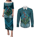Rongoa Maori New Zealand Harakeke Couples Matching Puletasi and Long Sleeve Button Shirt NZ Weaving Pattern Dark Teal