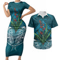 Rongoa Maori New Zealand Harakeke Couples Matching Short Sleeve Bodycon Dress and Hawaiian Shirt NZ Weaving Pattern Dark Teal