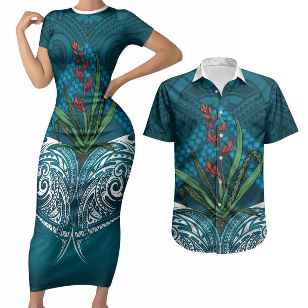 Rongoa Maori New Zealand Harakeke Couples Matching Short Sleeve Bodycon Dress and Hawaiian Shirt NZ Weaving Pattern Dark Teal