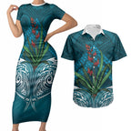 Rongoa Maori New Zealand Harakeke Couples Matching Short Sleeve Bodycon Dress and Hawaiian Shirt NZ Weaving Pattern Dark Teal