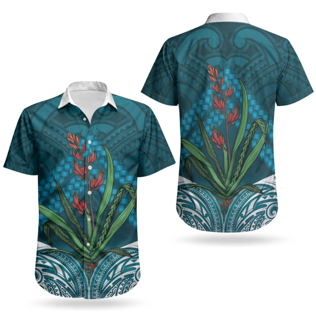 Rongoa Maori New Zealand Harakeke Couples Matching Short Sleeve Bodycon Dress and Hawaiian Shirt NZ Weaving Pattern Dark Teal