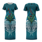 Rongoa Maori New Zealand Harakeke Couples Matching Short Sleeve Bodycon Dress and Hawaiian Shirt NZ Weaving Pattern Dark Teal