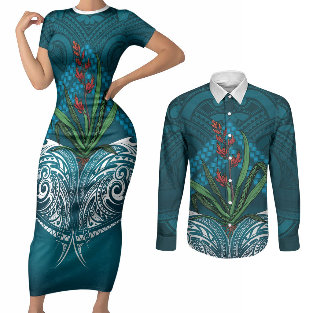 Rongoa Maori New Zealand Harakeke Couples Matching Short Sleeve Bodycon Dress and Long Sleeve Button Shirt NZ Weaving Pattern Dark Teal