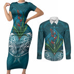 Rongoa Maori New Zealand Harakeke Couples Matching Short Sleeve Bodycon Dress and Long Sleeve Button Shirt NZ Weaving Pattern Dark Teal