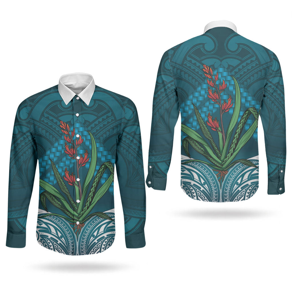 Rongoa Maori New Zealand Harakeke Couples Matching Short Sleeve Bodycon Dress and Long Sleeve Button Shirt NZ Weaving Pattern Dark Teal