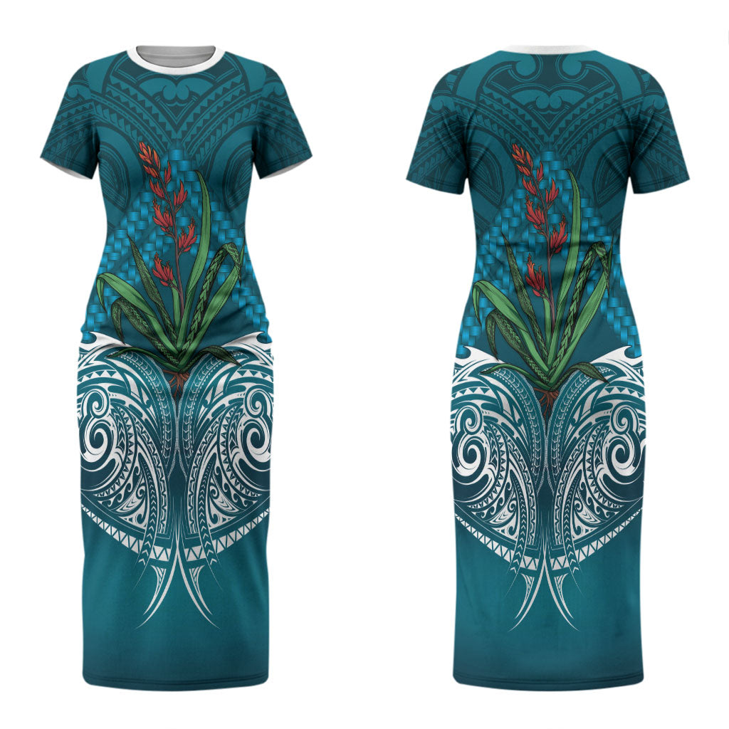 Rongoa Maori New Zealand Harakeke Couples Matching Short Sleeve Bodycon Dress and Long Sleeve Button Shirt NZ Weaving Pattern Dark Teal